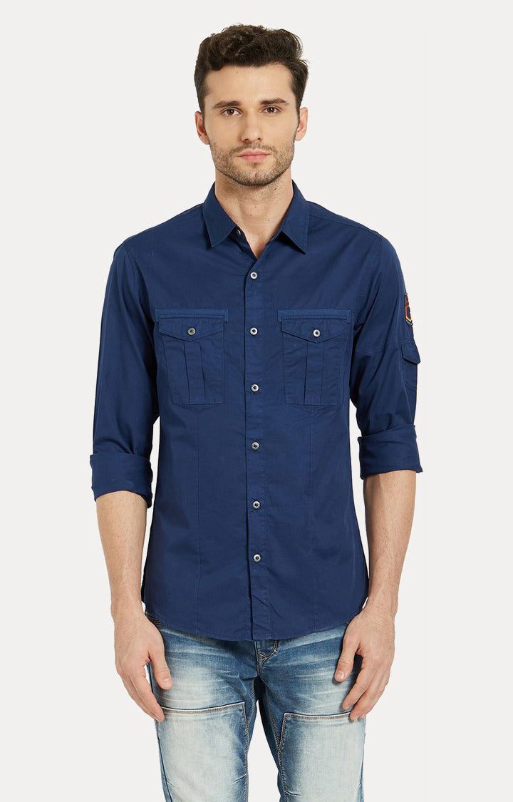 Spykar Men'S Blue Cotton Solid Casual Shirts