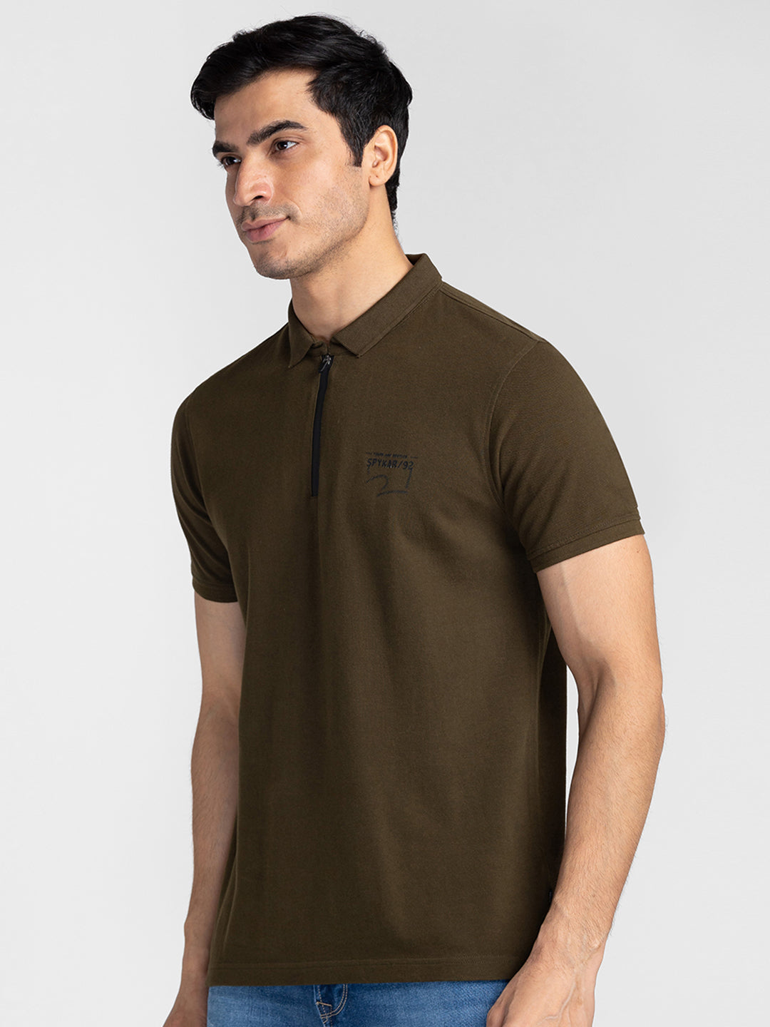 Spykar Men Olive Green Cotton Slim Fit Polo Printed T-Shirt