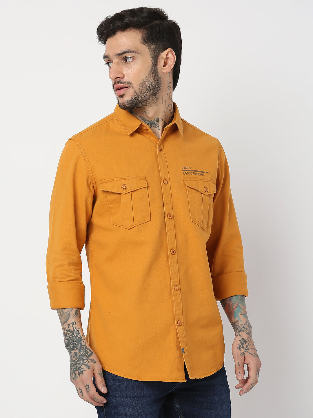 Spykar Men Mustard Cotton Slim Fit Plain Shirts