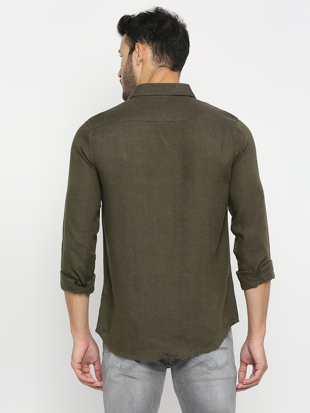 Spykar Men Olive Green Cotton Full Sleeve Plain Shirt