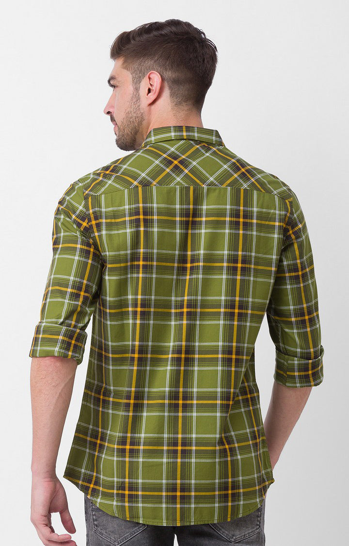 Spykar Olive Green Cotton Full Sleeve Checks Shirt For Men