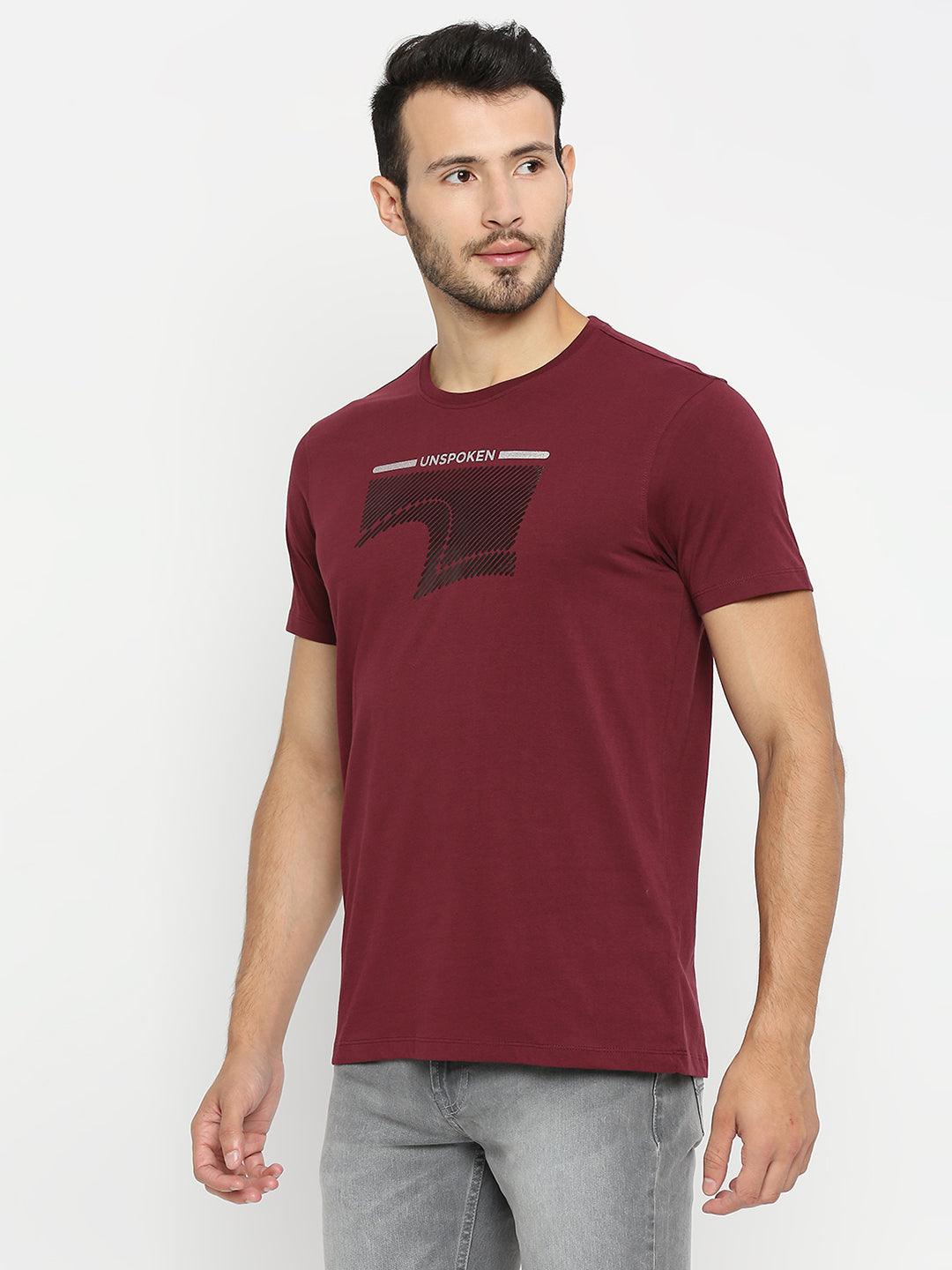 Spykar Wine Cotton Half Sleeve Printed Casual T-Shirt For Men