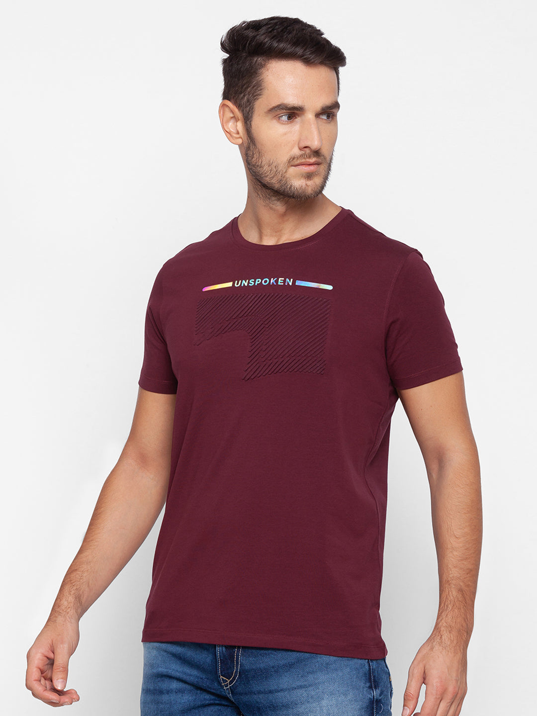 Spykar Men Red Cotton Slim Fit Round Neck T-Shirt