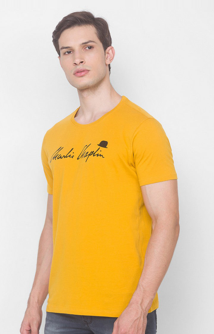 Charlie Chaplin Spykar Men Mustard Cotton Slim Fit Round Neck Printed T-Shirt