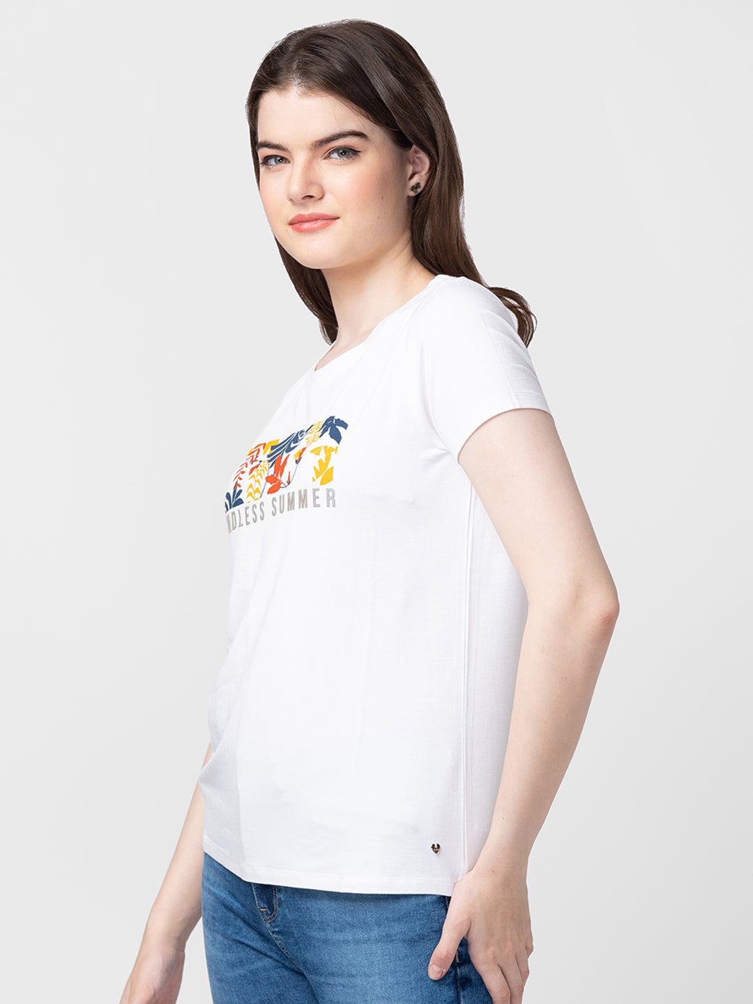 Spykar Women White Cotton Slim Fit Printed T-Shirts