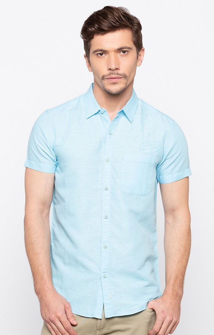 Spykar Men'S Blue Cotton Solid Casual Shirts