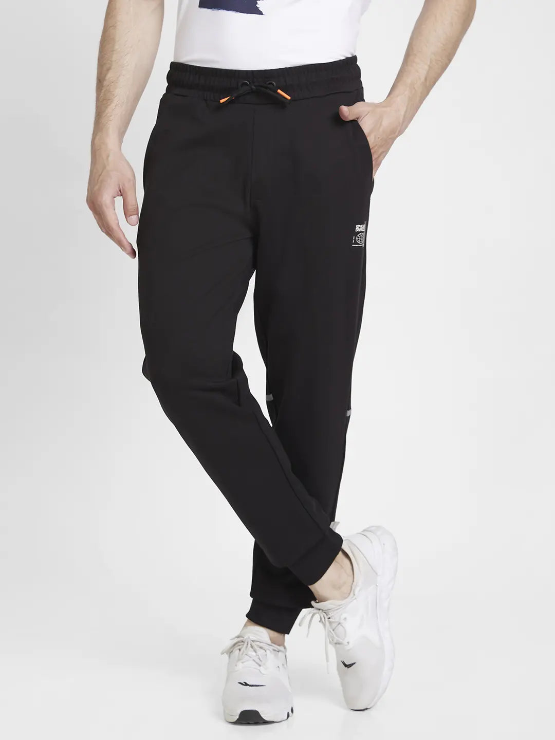 Spykar Men Black Blended Regular Fit Plain Joggers Trackpant