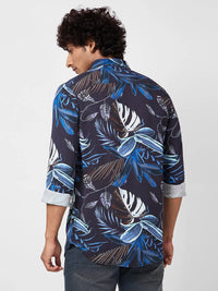 Spykar Men Indigo Blue Viscose Regular Slim Fit Full Sleeve Causal Printed Shirt