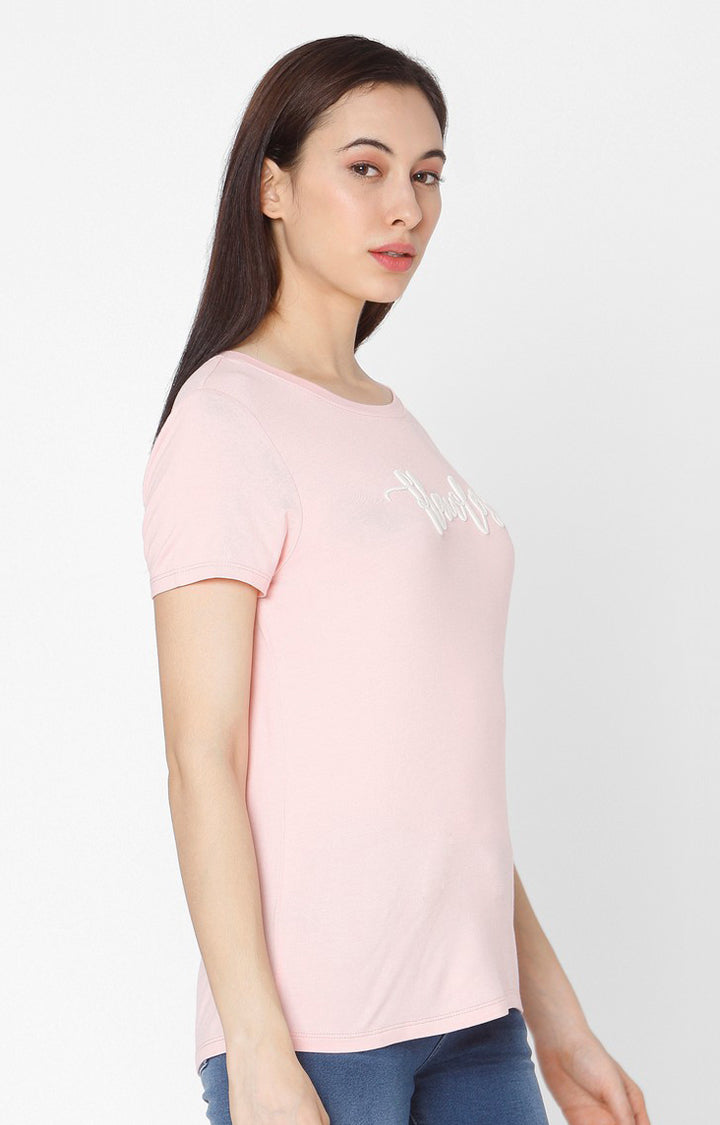 Spykar Women Pink Cotton Slim Fit Round Neck T-Shirt