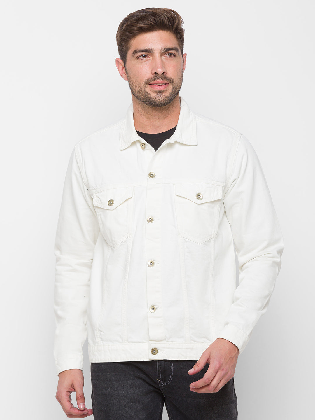 Spykar White Cotton Regular Fit Jacket For Men