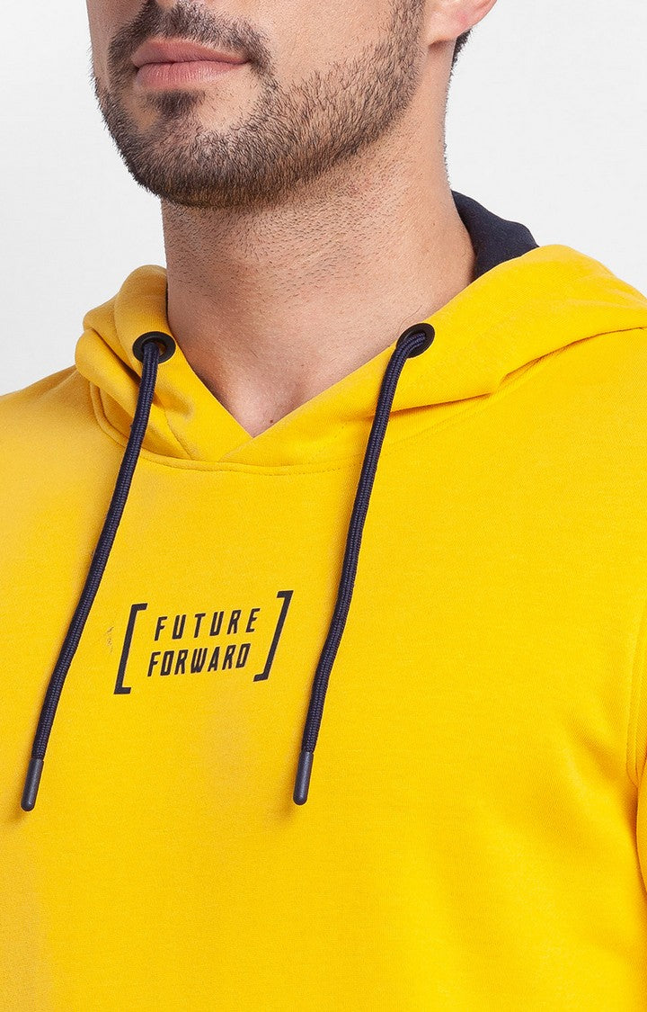 Spykar Chrome Yellow Cotton Full Sleeve Hooded Sweatshirt For Men