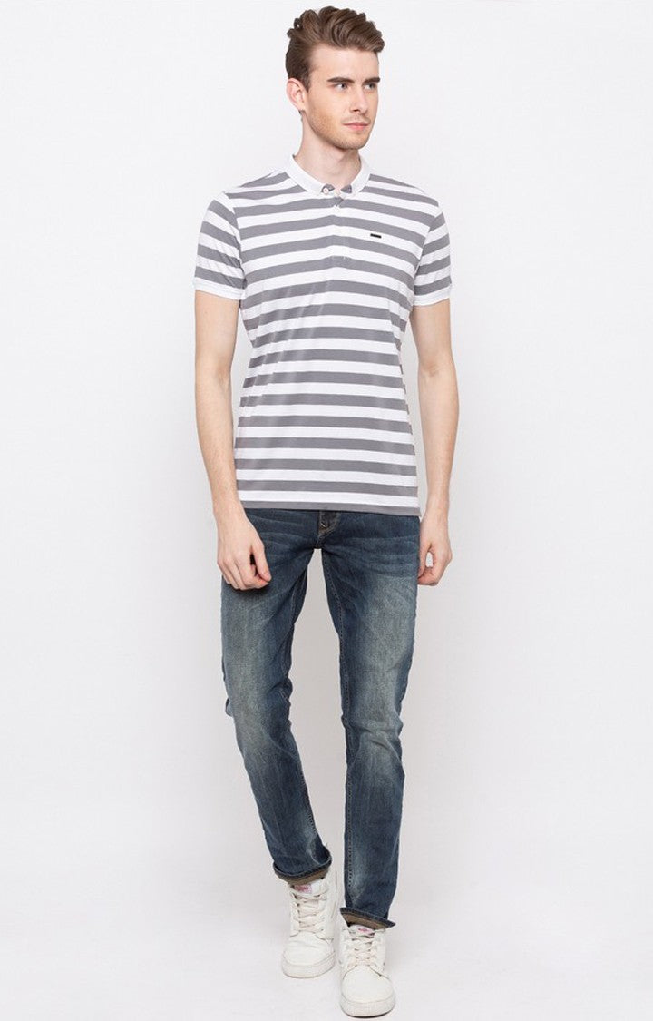 Spykar White and Grey Striped Slim Fit Polo T-Shirt