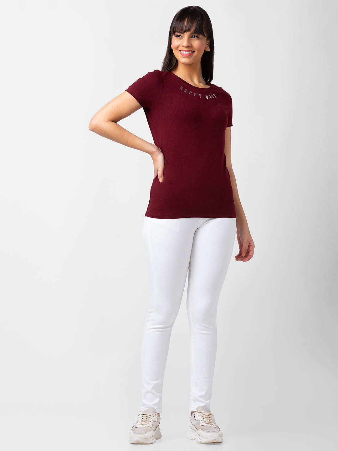 Spykar Women Wine Blended Slim Fit Half Sleeve T-Shirt