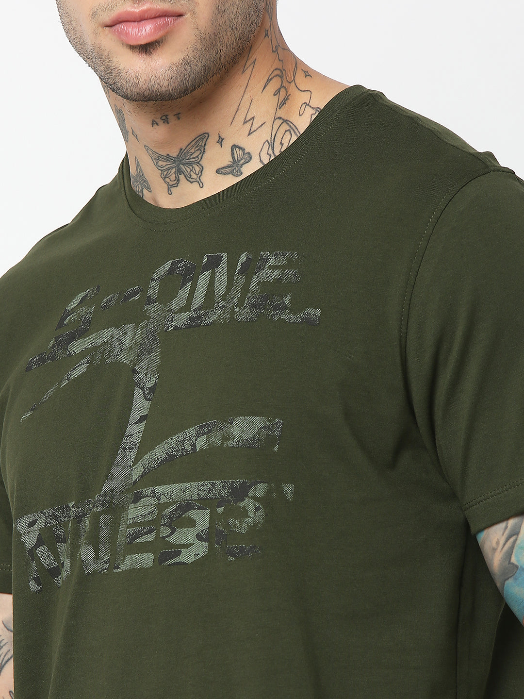 Spykar Men Olive Green Cotton Slim Fit Round Neck Printed T-Shirt