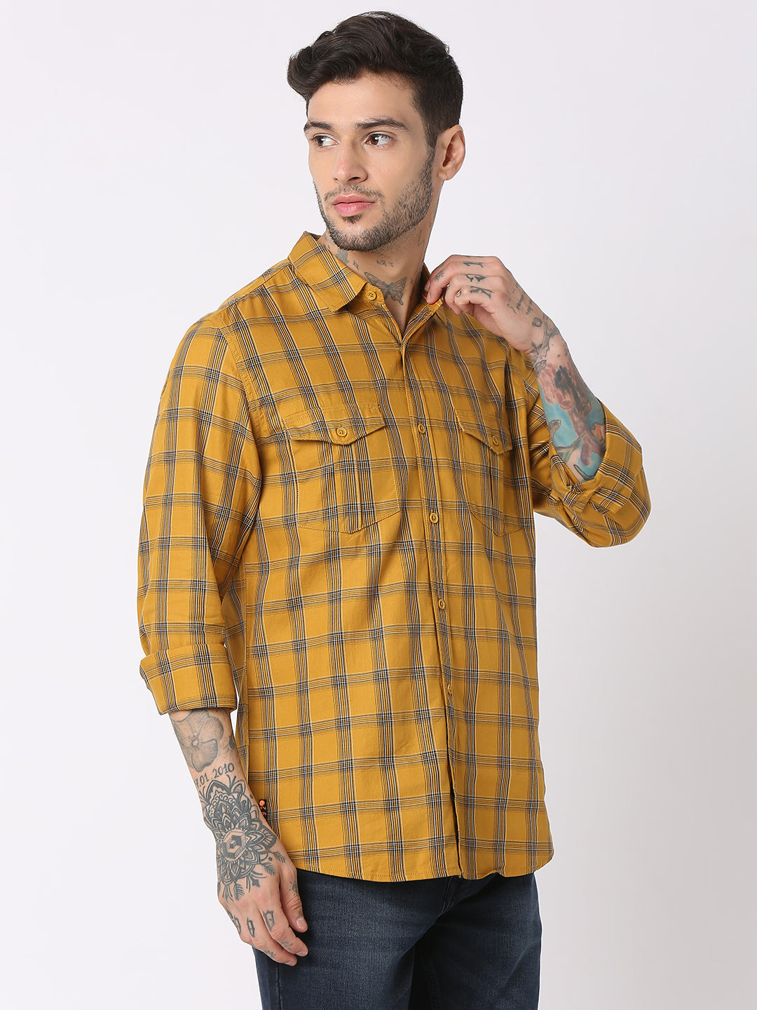 Spykar Men Golden Khaki Cotton Regular Fit Checkered Shirts