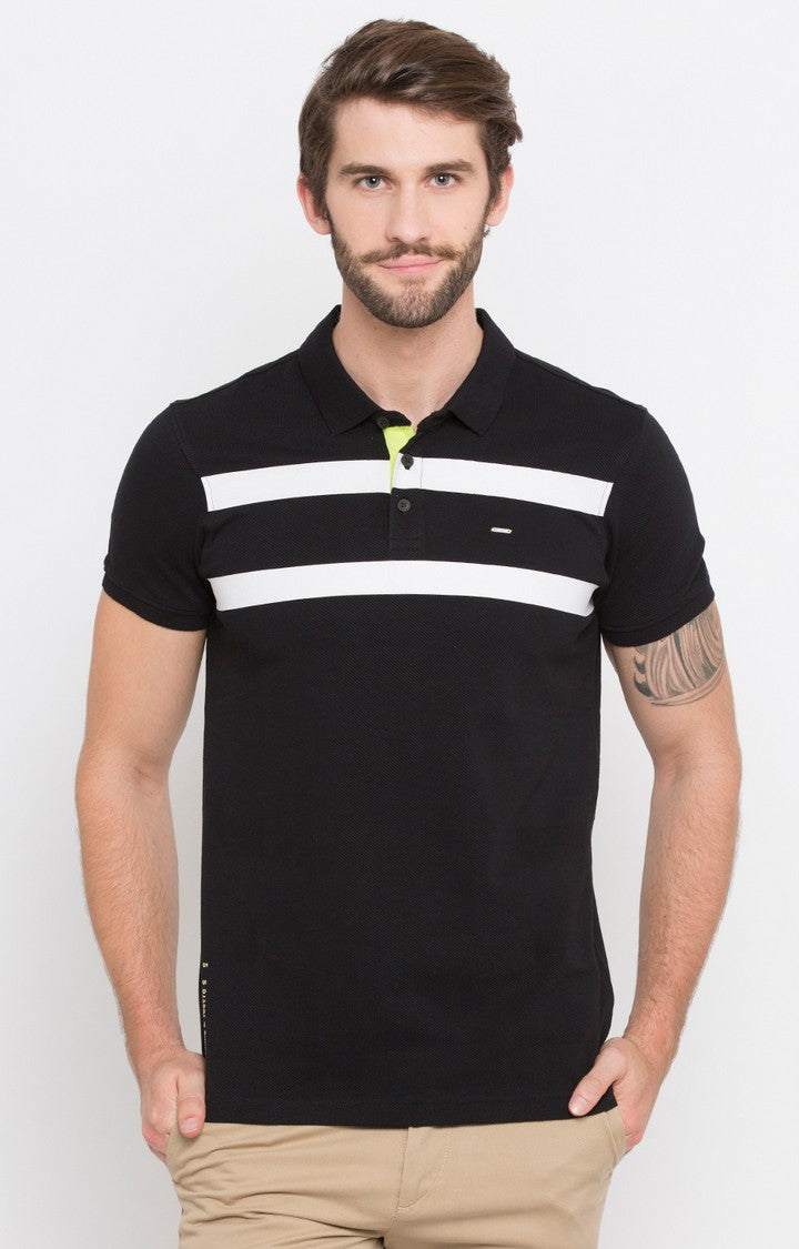 Spykar Black Solid Slim Fit Polo T-Shirt