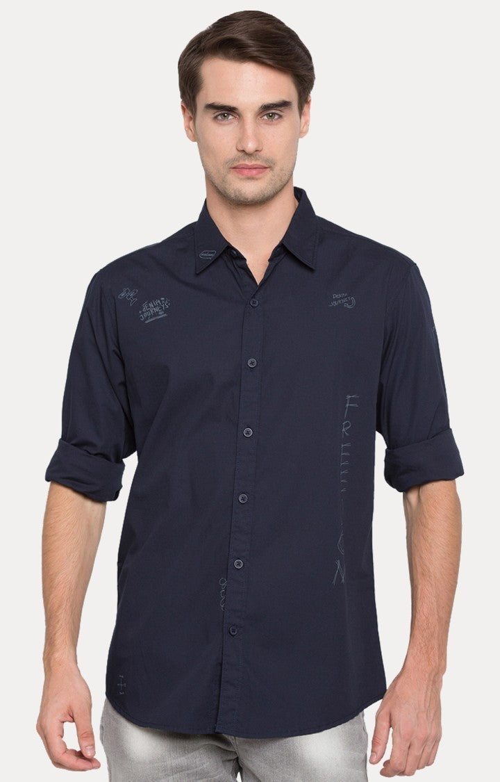 Spykar Men'S Blue Cotton Solid Casual Shirts