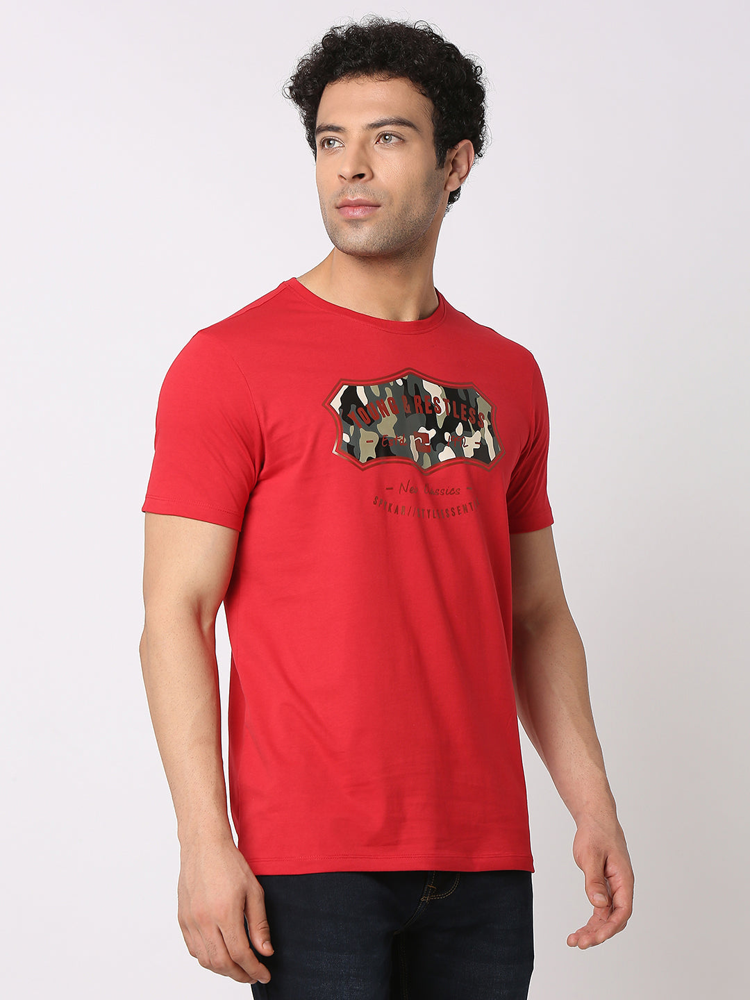 Spykar Men Red Cotton Slim Fit Round Neck Printed T-Shirt