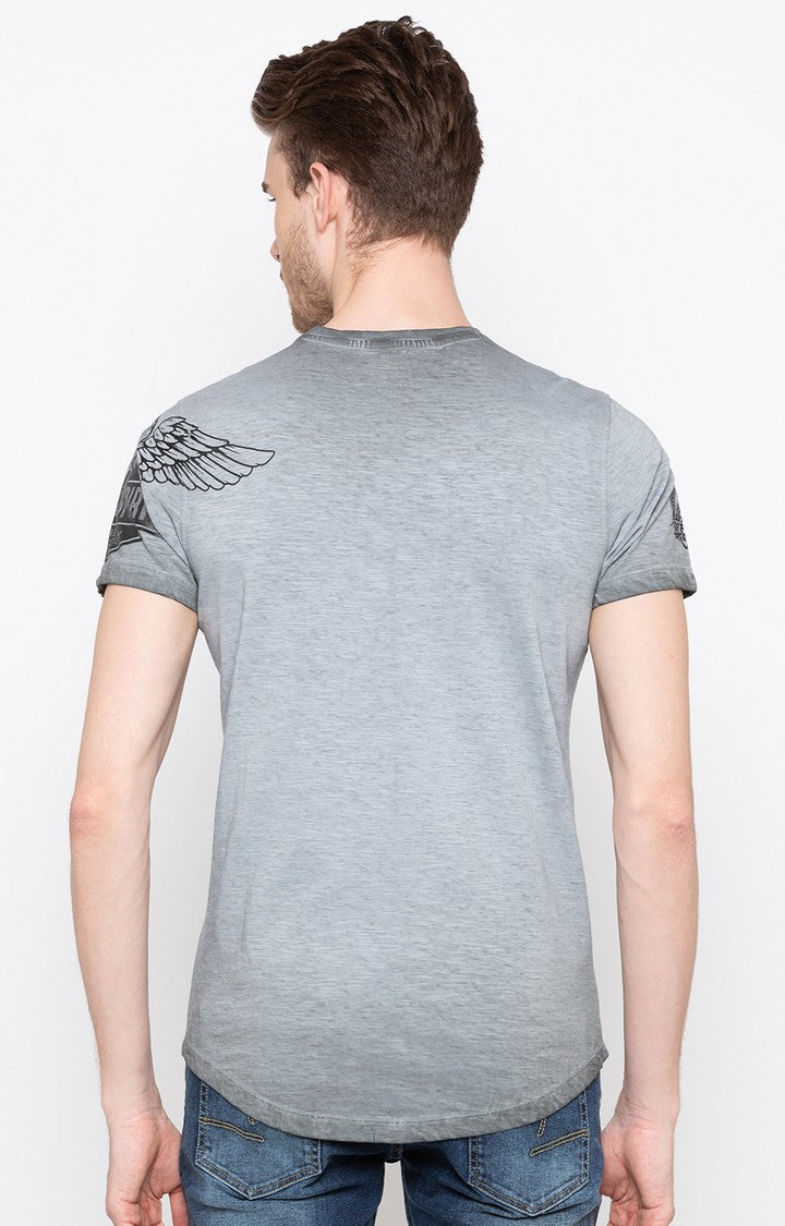 Spykar Grey Printed Slim Fit Men T-Shirts