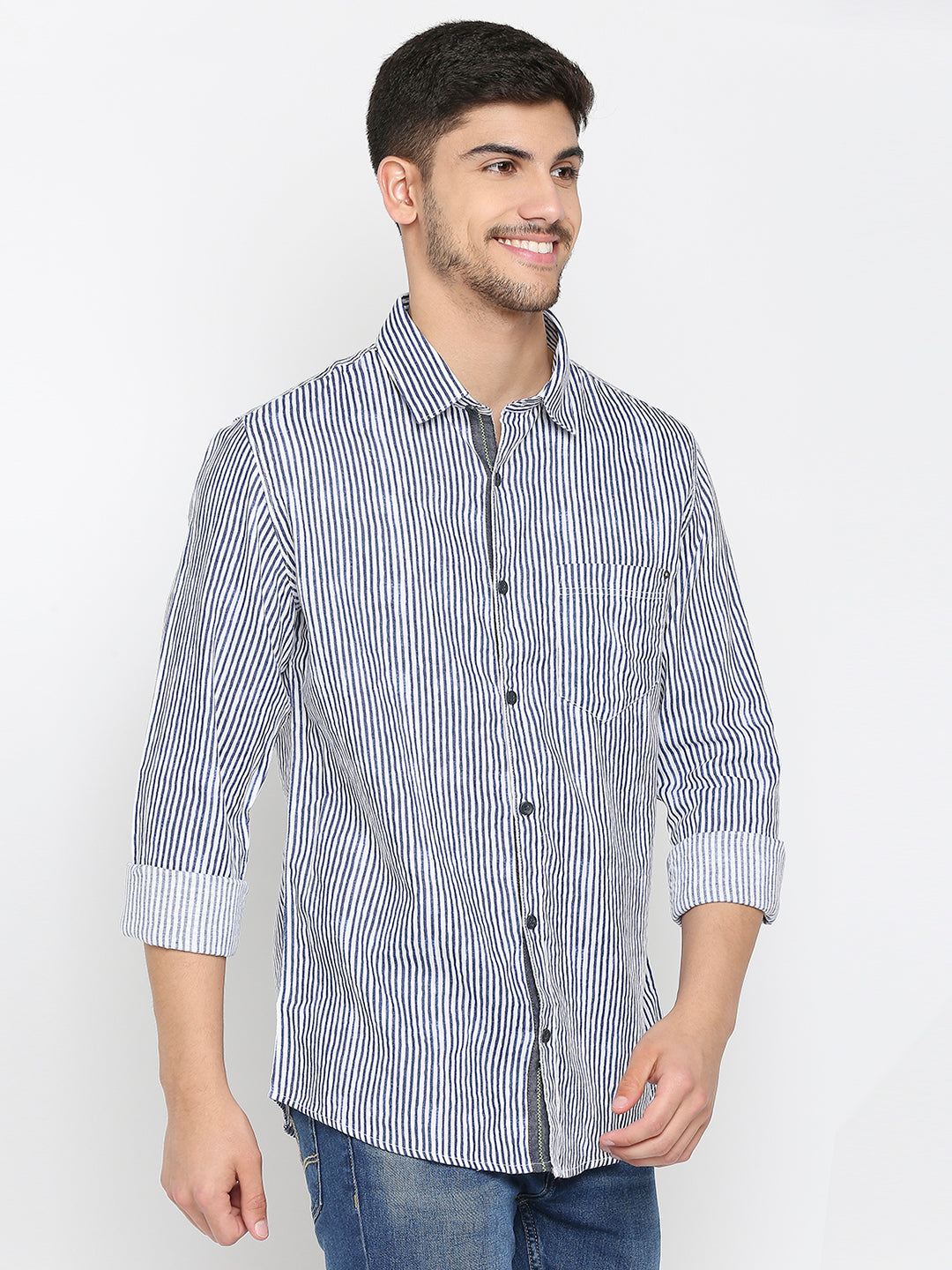 Spykar Indigo Blue Cotton Full Sleeve Stripes Shirt For Men