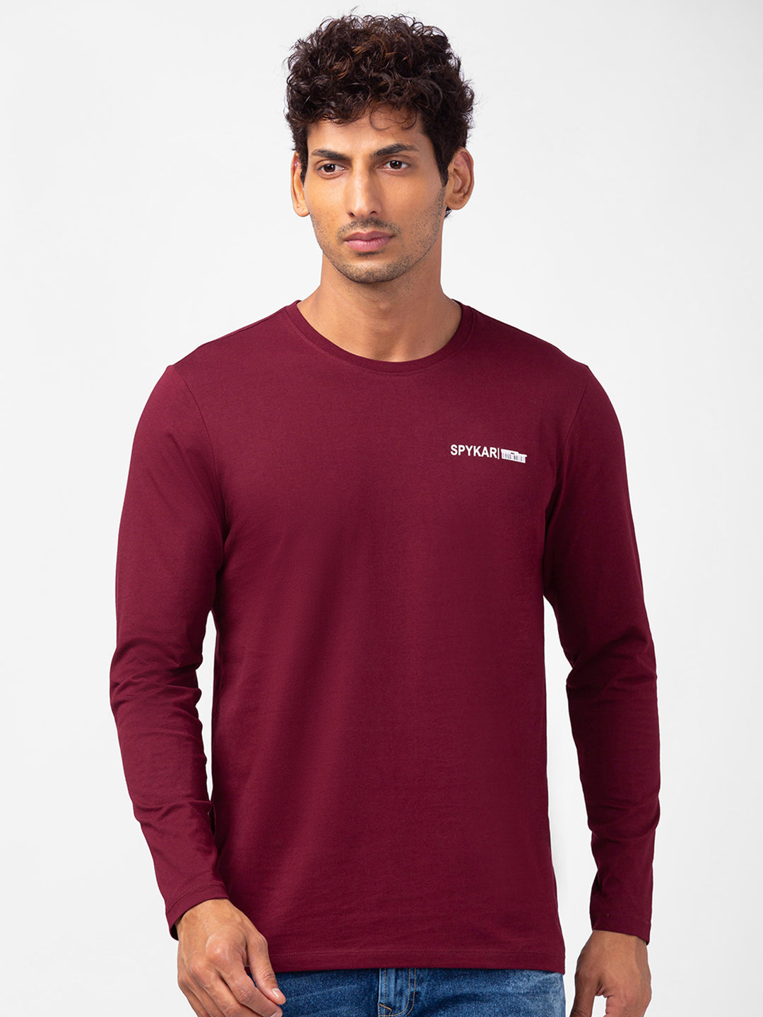 Spykar Men Wine Cotton Slim Fit Round Neck Plain T-Shirt