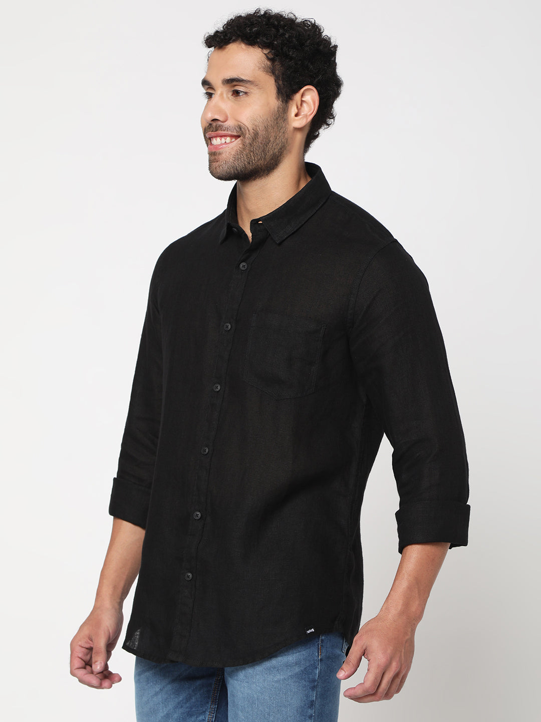 Spykar Men Black Cotton Slim Fit Full Sleeve Plain Shirt