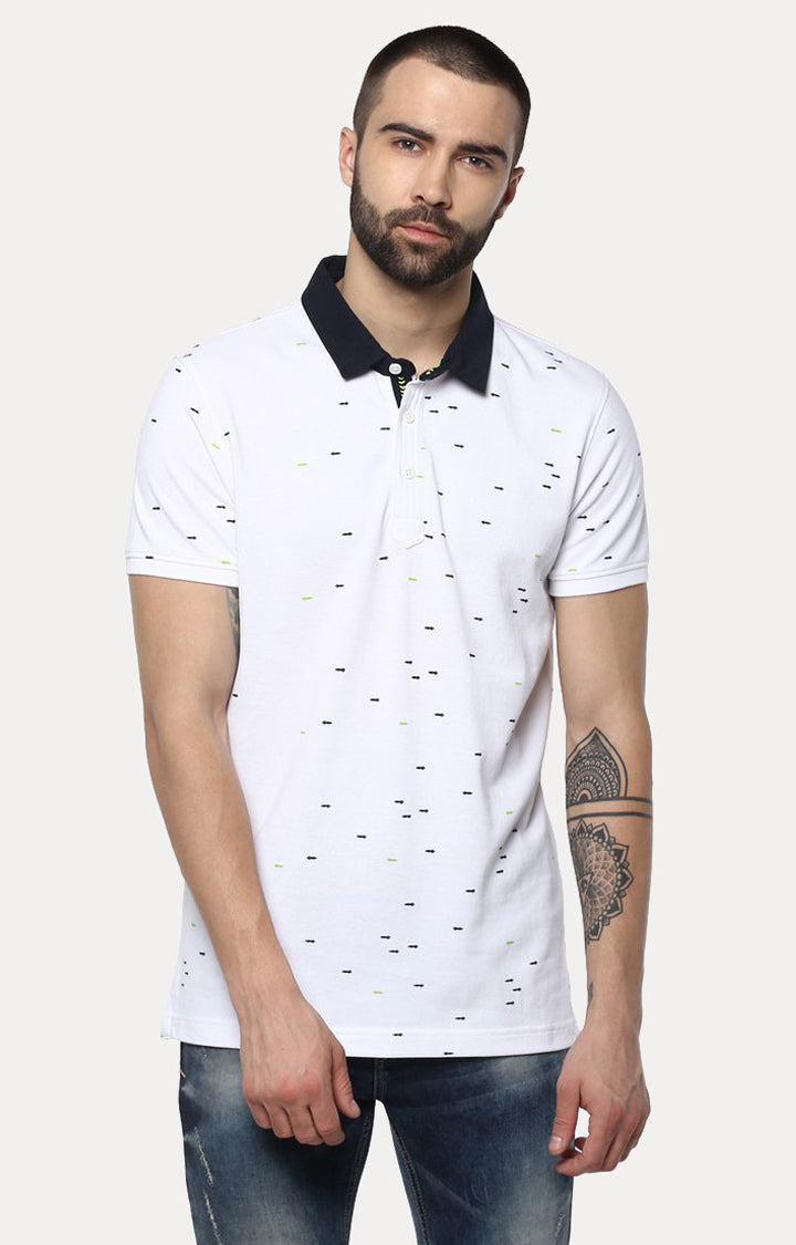 Spykar White Printed Slim Fit Polo T-Shirt