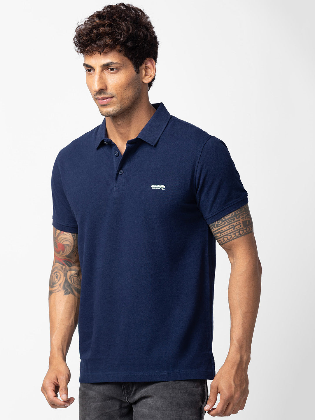 Spykar Men Navy Blue Cotton Regular Fit Half Sleeve Plain Polo T-Shirt