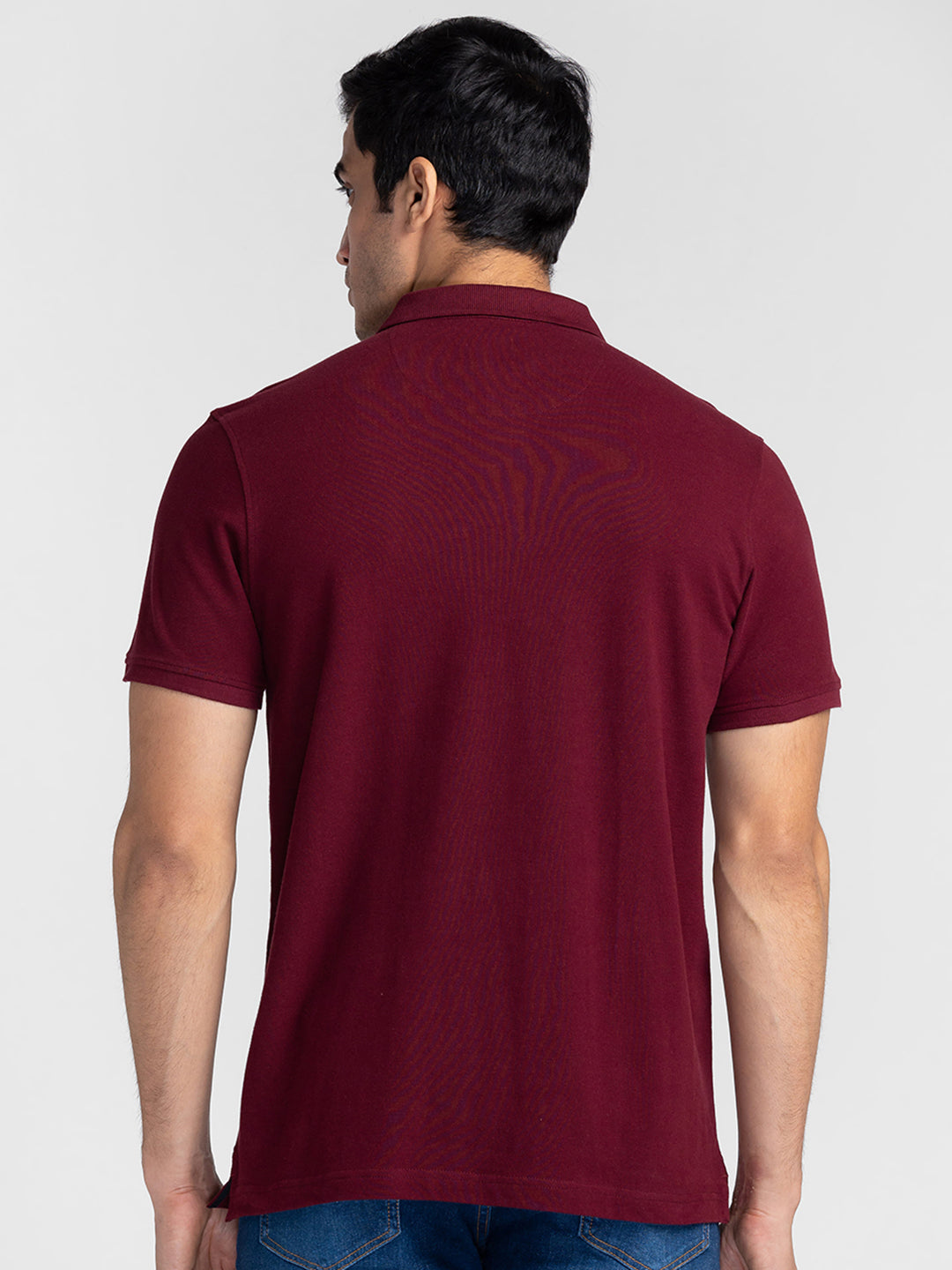 Spykar Men Wine Cotton Slim Fit Polo Plain T-Shirt