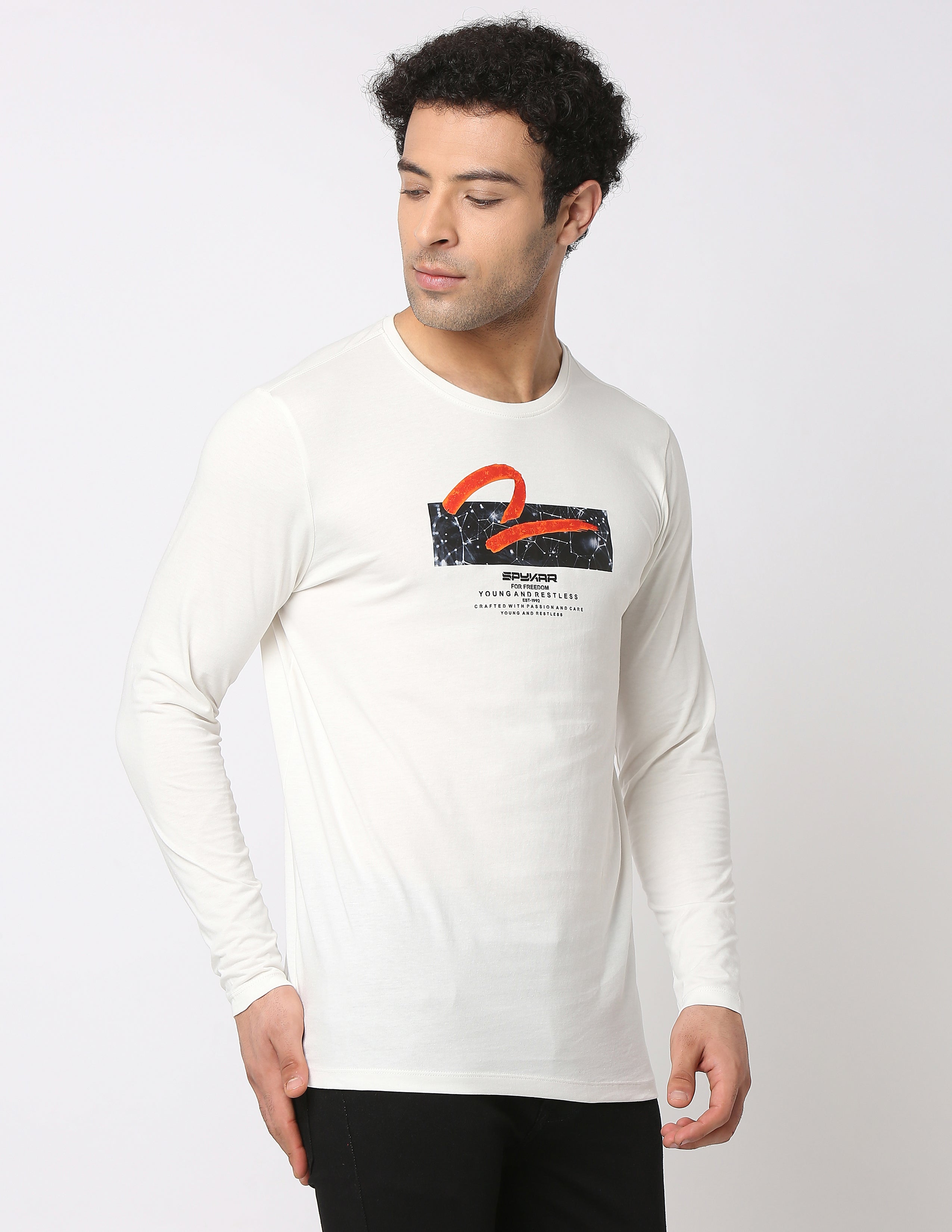 Spykar Men Ecru Cotton Slim Fit Round Neck Printed T-Shirt