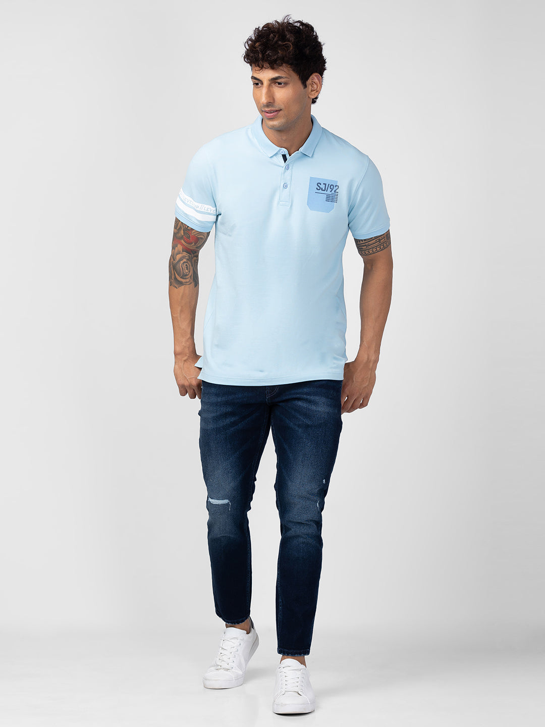 Spykar Men Powder Blue Cotton Regular Fit Half Sleeve Plain Polo T-Shirt