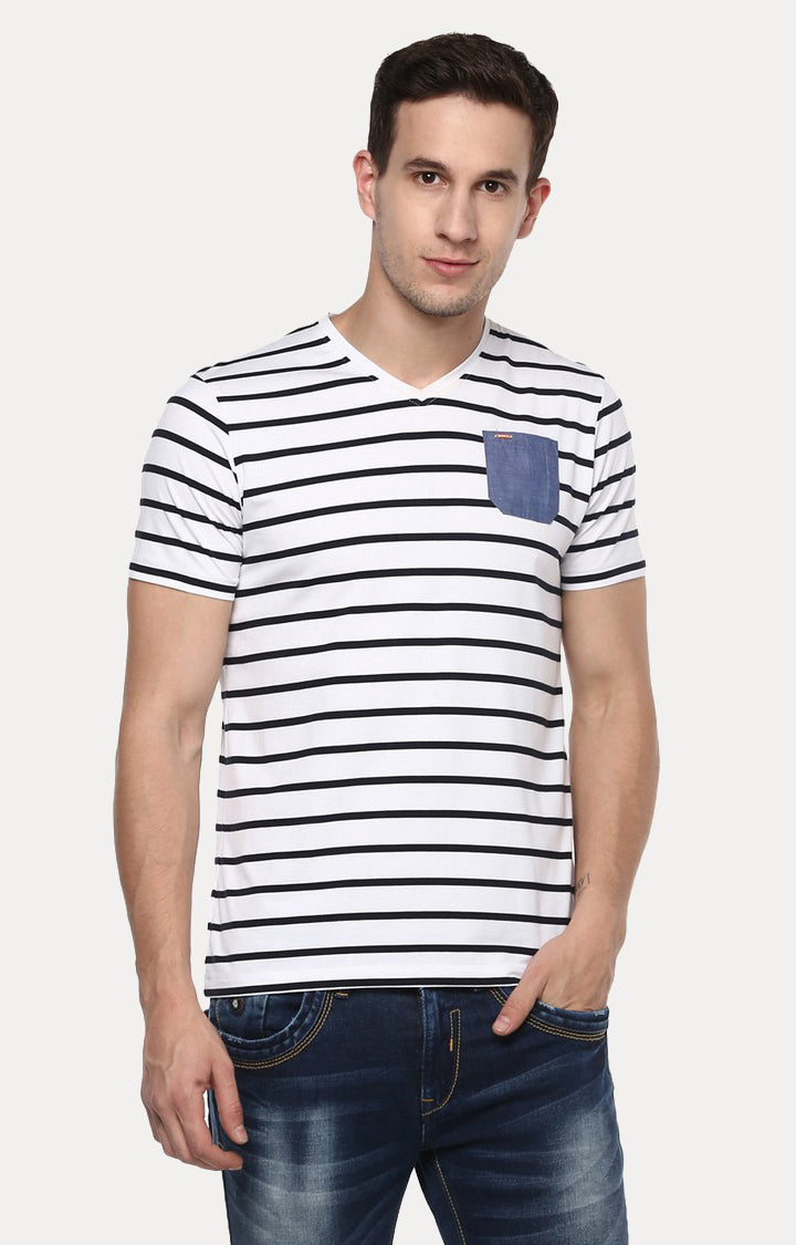 Spykar White Striped Slim Fit Men T-Shirts