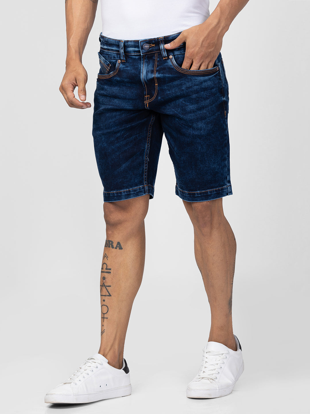 Spykar Men Dark Blue Slim Fit Denim Shorts