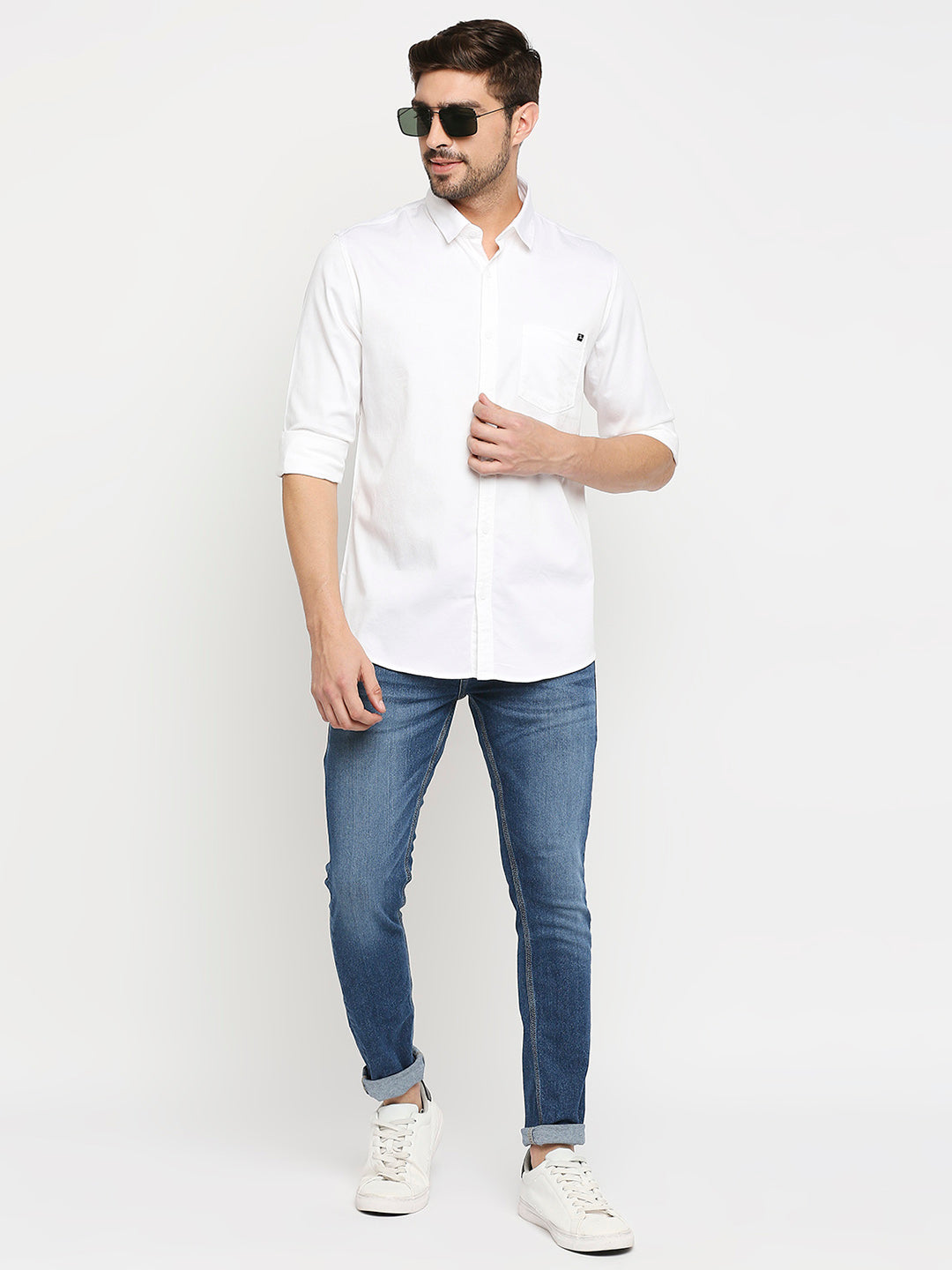 Spykar Men White Cotton Regular Fit Full Sleeve Casual Shirt