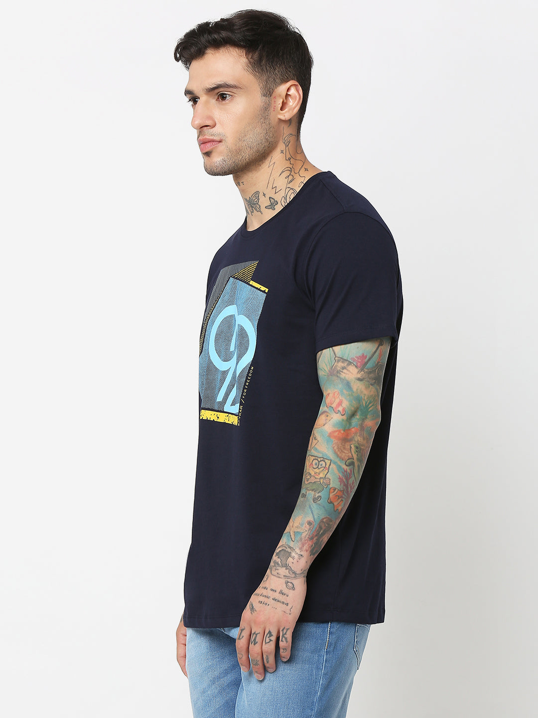 Spykar Men Blue Cotton Slim Fit Round Neck Printed T-Shirt