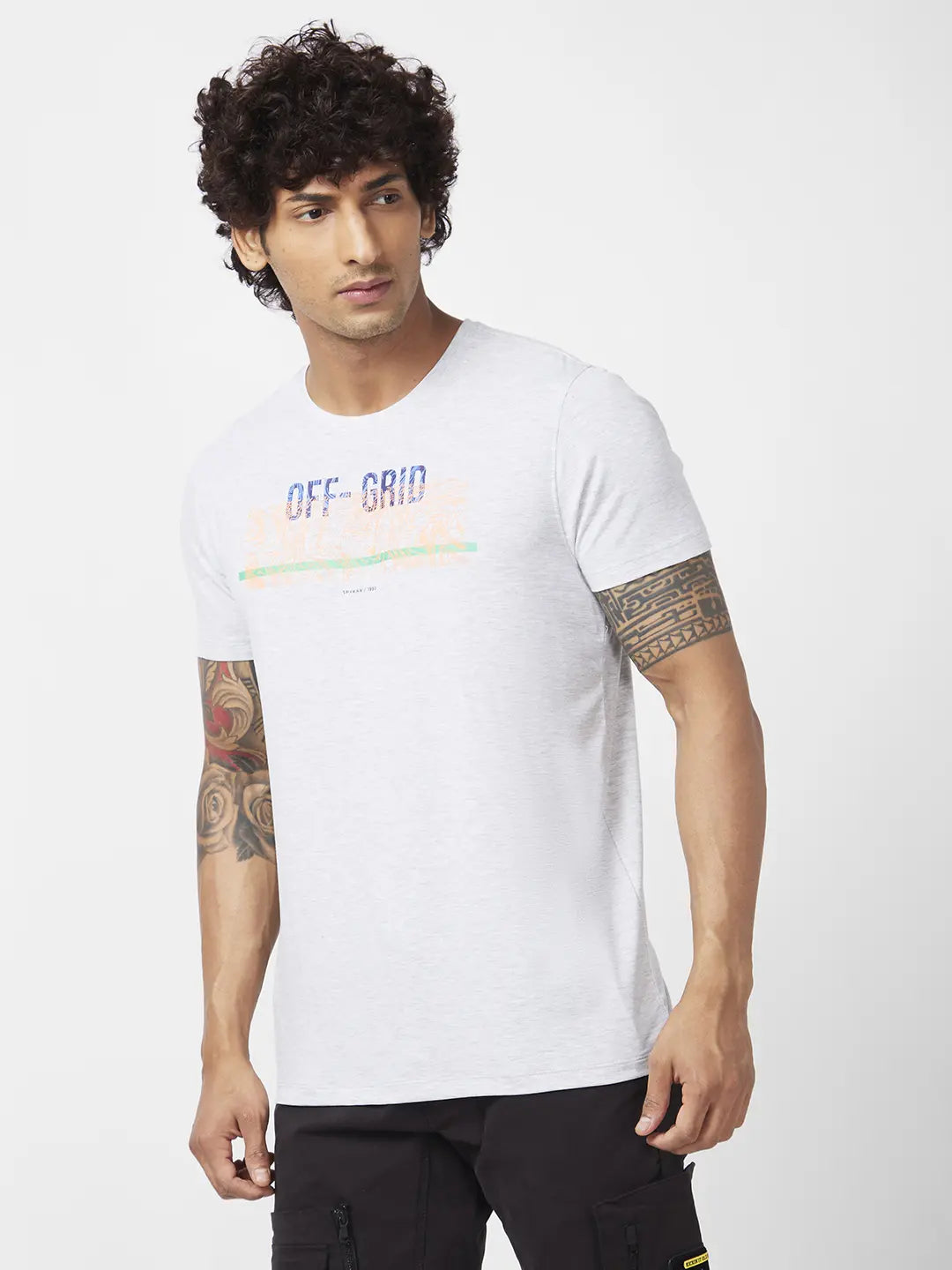 Spykar Men Ash Melange Blended Slim Fit Half Sleeve Round Neck Printed Tshirt