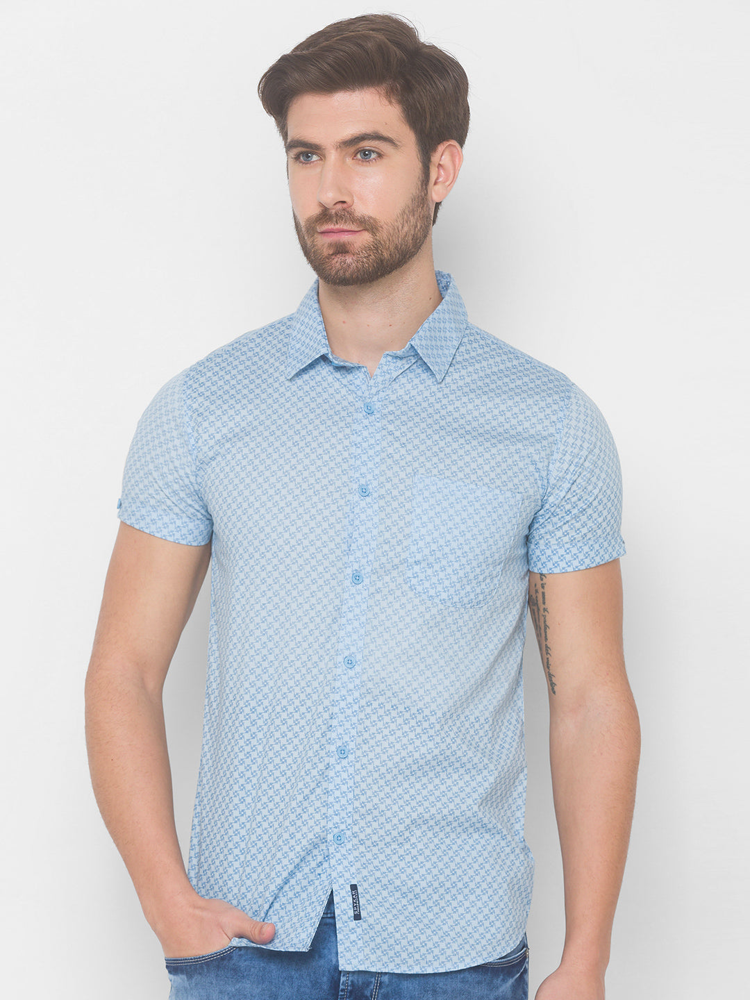 Spykar Men Sky Blue Cotton Slim Fit Shirt