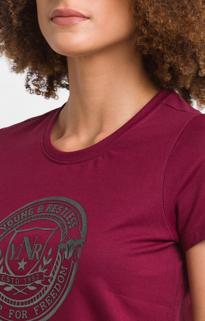Spykar Wine Cotton Blend Full Sleeve Plain Casual T-Shirt For Women