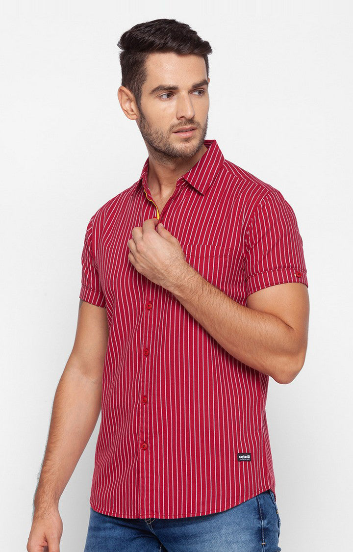 Spykar Men Red Cotton Slim Fit Half Sleeve Striped Shirt