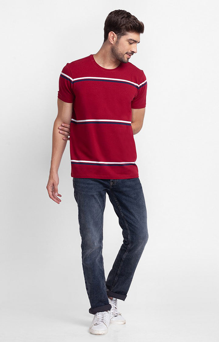 Spykar Deep Red Cotton Half Sleeve Stripes Casual T-Shirt For Men