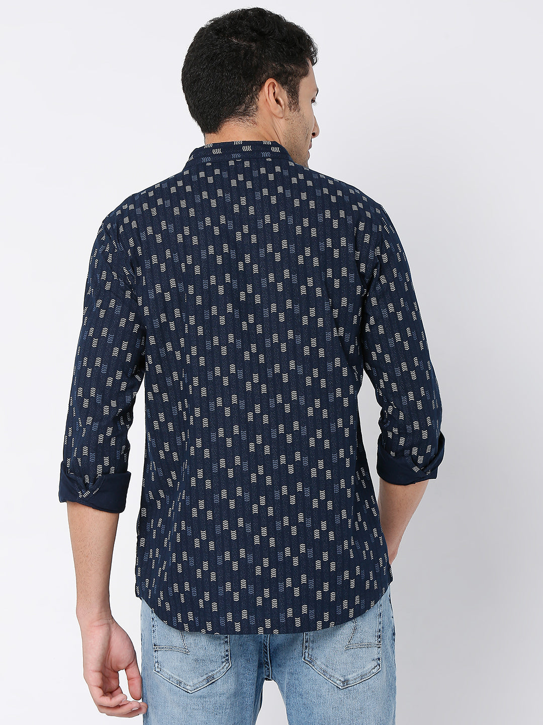 Spykar Men Kurta Navy Blue Cotton Full Sleeve Printed Kurta