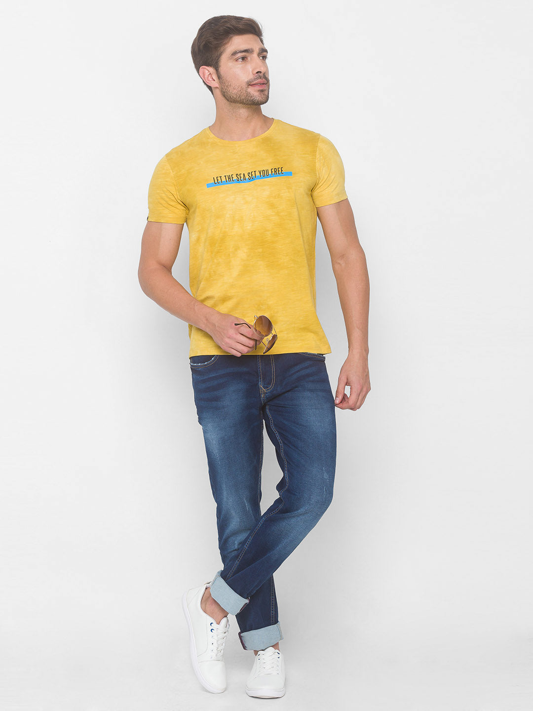 Spykar Men Yellow Cotton Slim Fit Round Neck T-Shirt