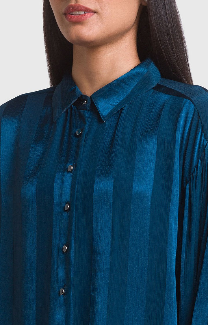 Spykar Teal Polyester Full Sleeve Stripes Shirt For Women