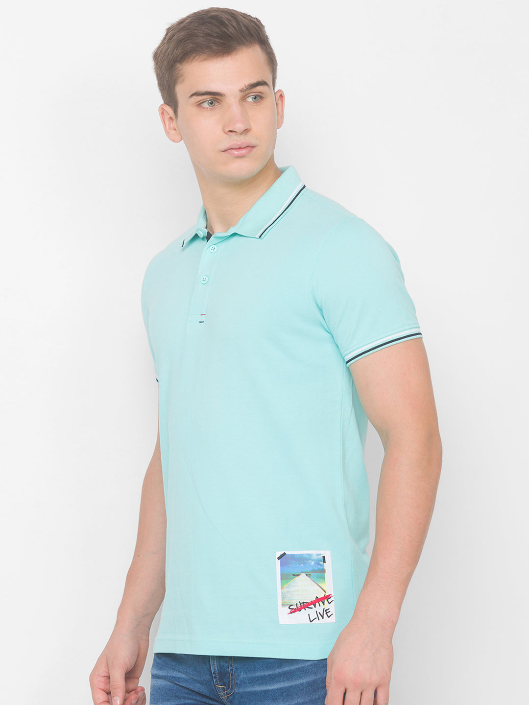 Spykar Men Blue Cotton Slim Fit Polo T-Shirt