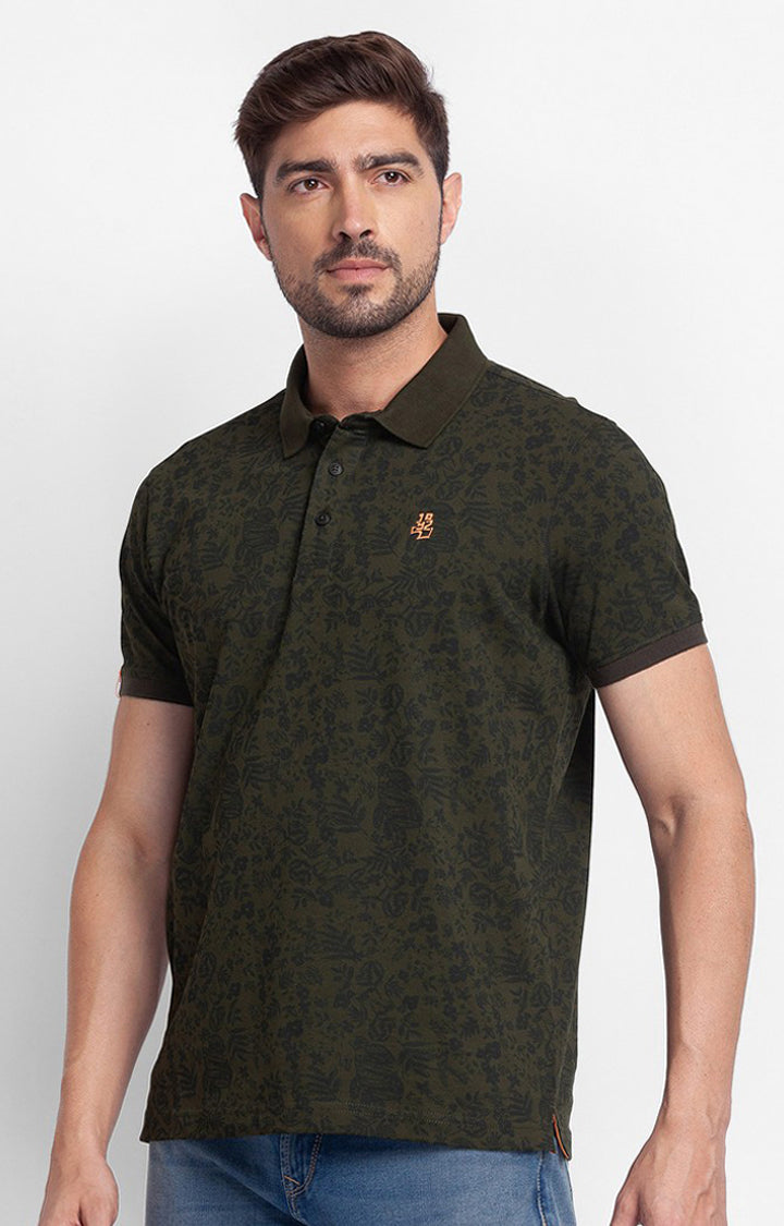 Spykar Rifle Green Cotton Half Sleeve Printed Casual Polo T-Shirt For Men