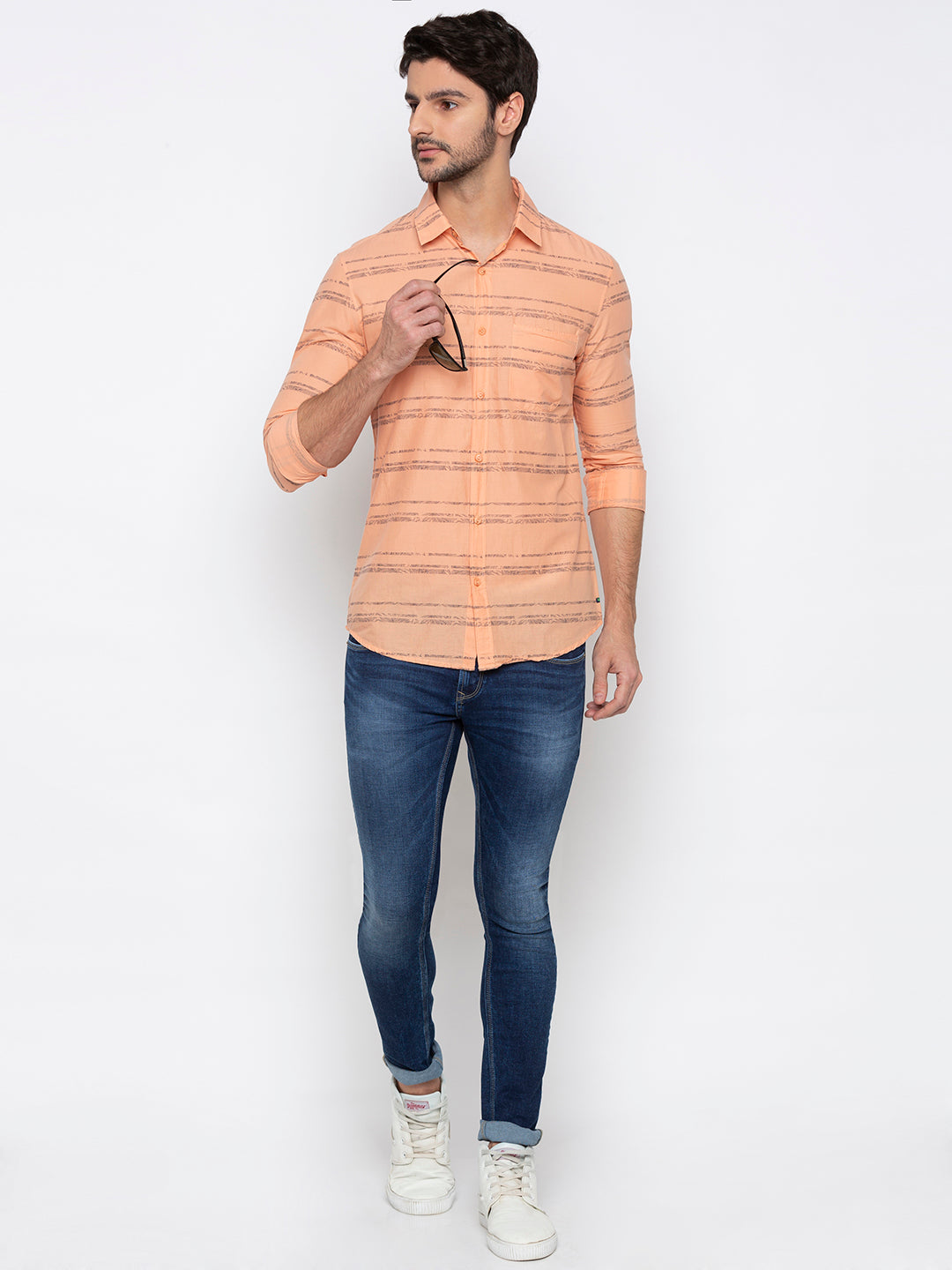 Spykar Slim Fit Men Orange Striped Casual Shirt