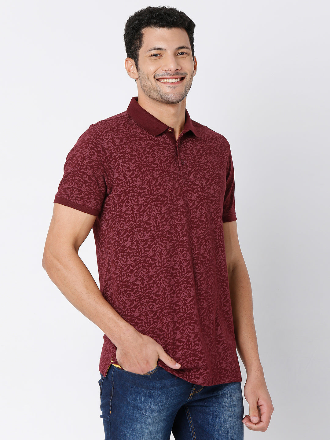 Spykar Men Wine Cotton Slim Fit Printed Polo Tshirt