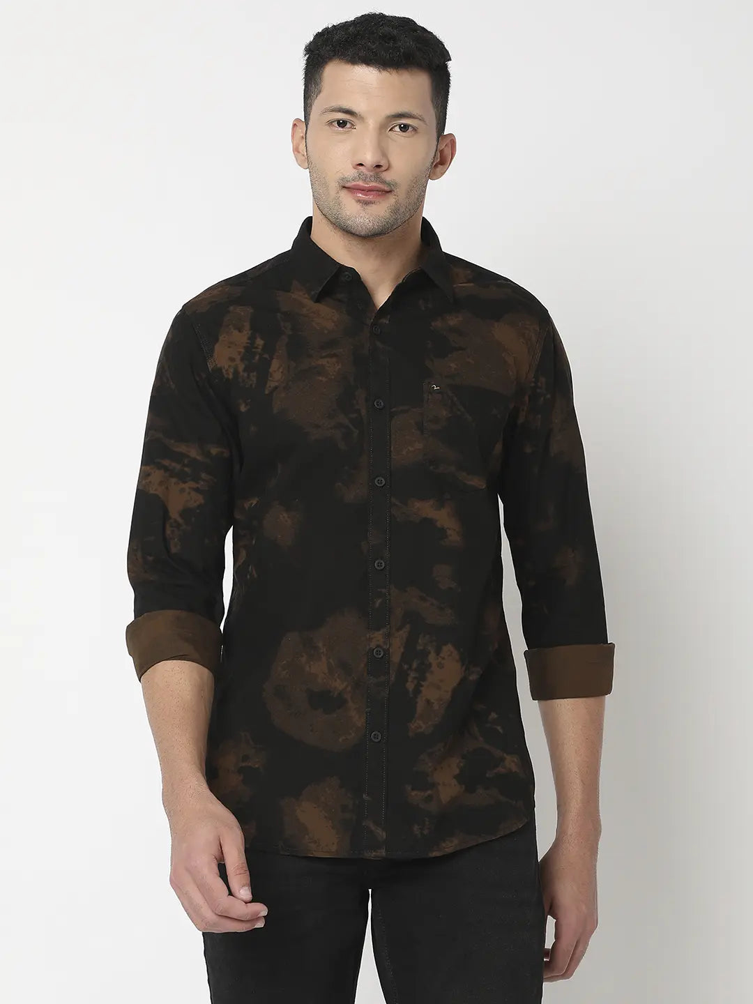 Spykar Men Khaki Cotton Slim Fit Printed Shirt