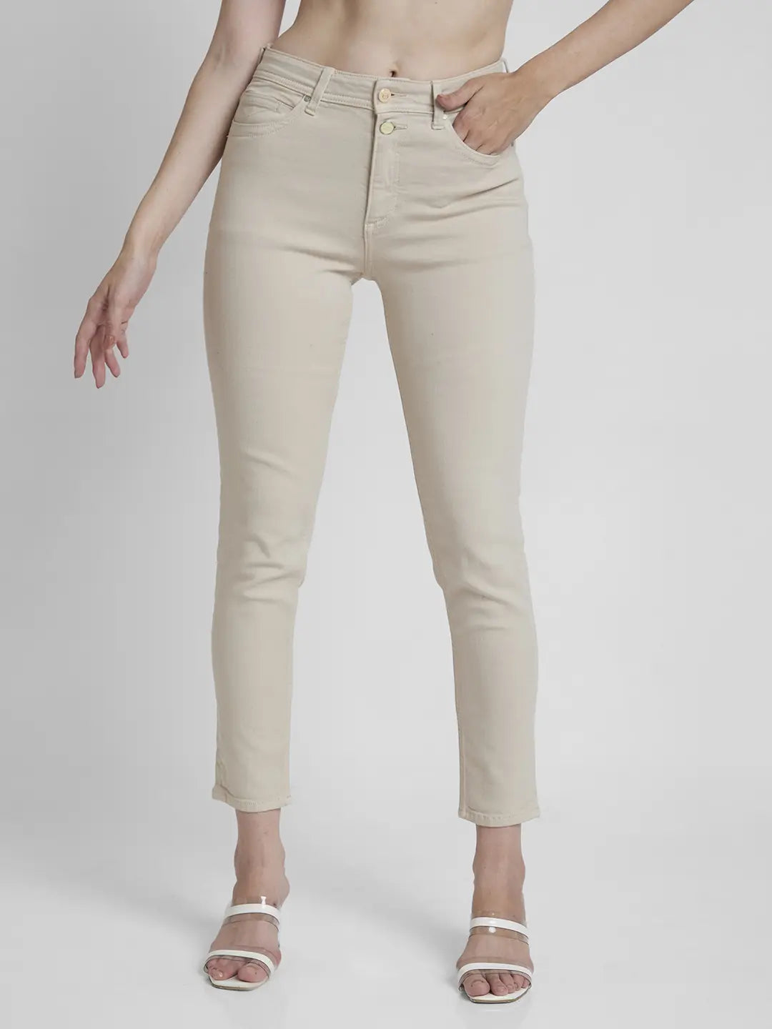 Spykar Women Beige Cotton Mom Fit Ankle Length Clean look Jeans -(Amora)