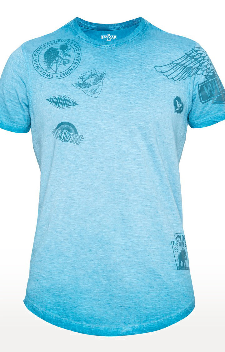 Spykar Blue Printed Slim Fit Men T-Shirts